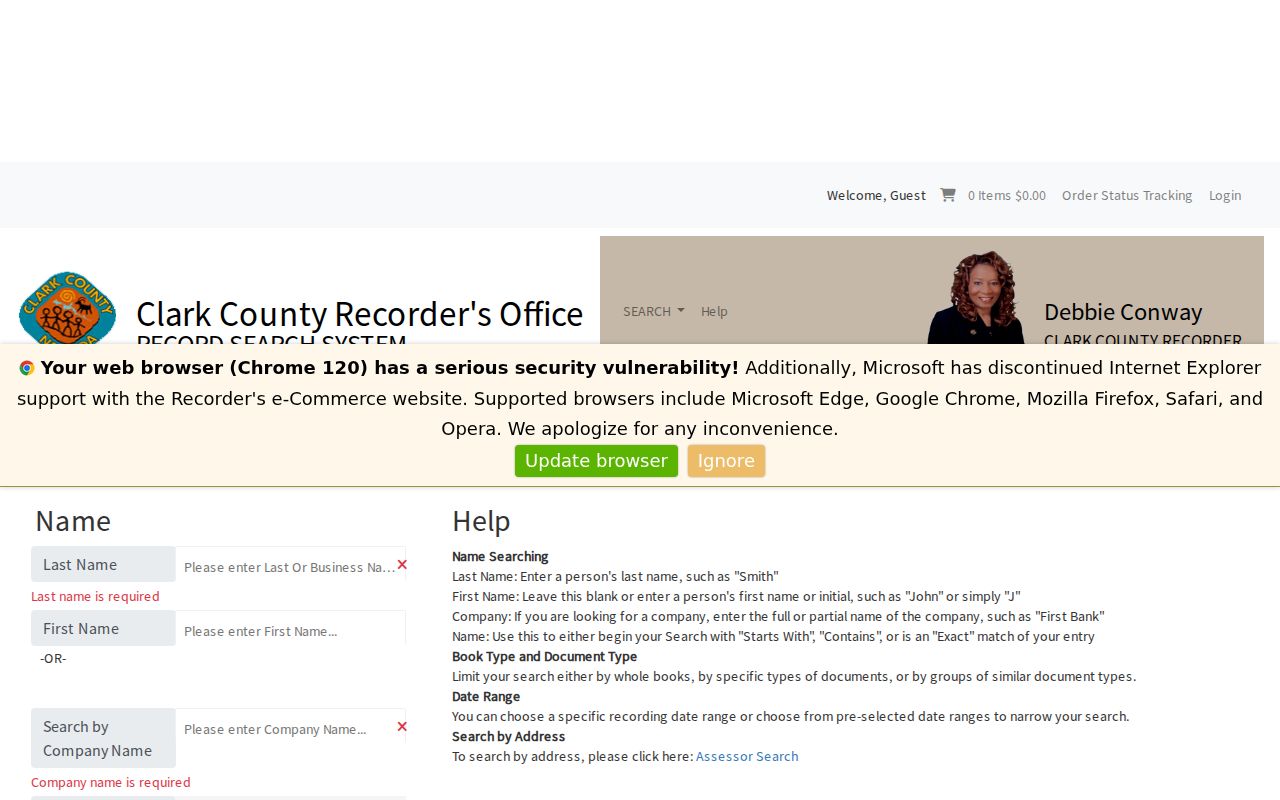 Whitney people search fields in the Clark County Recorder name index