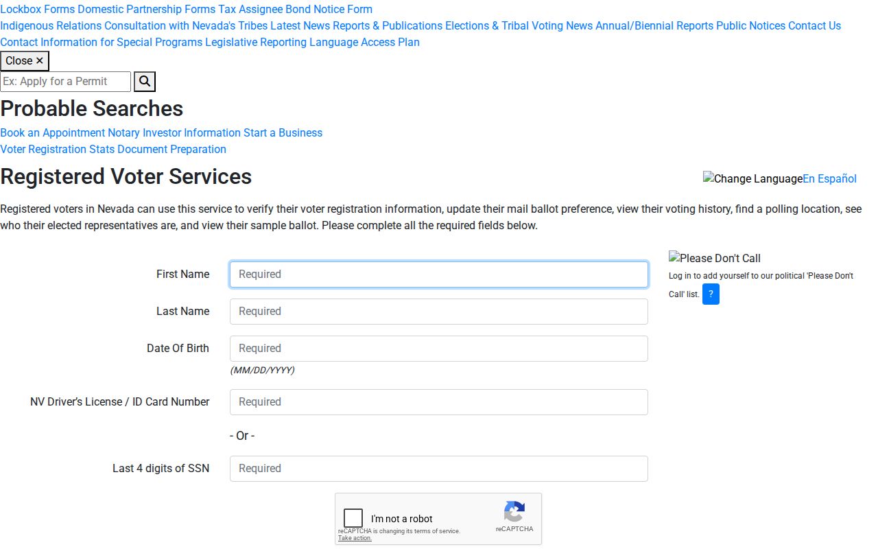 Whitney voter registration records search fields in Nevada Registered Voter Services